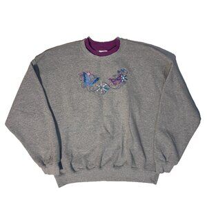 Vintage 90s Butterfly Snowflake Gray Embroidered Sweatshirt - 2XL Fairycore